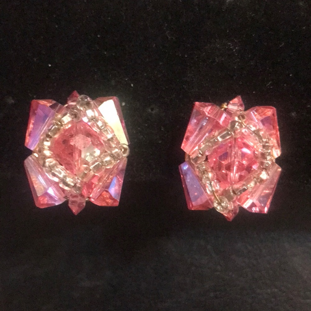 Vintage Pink glass and silver micro bead earrings